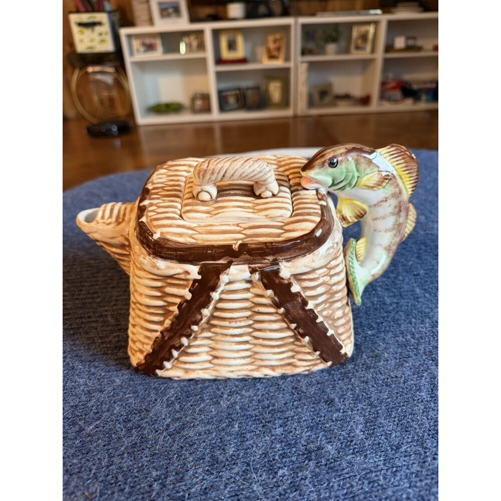 Omnibus Fishing Creel Basket Teapot 5"H Trout Handle Ceramic Rustic Cabin Decor